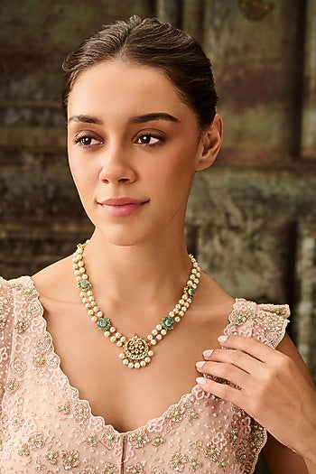 Gold Plated Turquoise Kundan Polki & Pearl Necklace