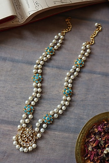 Gold Plated Turquoise Kundan Polki & Pearl Necklace