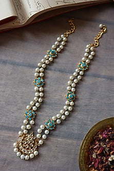 Gold Plated Turquoise Kundan Polki & Pearl Necklace
