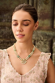 Gold Plated Turquoise Kundan Polki & Pearl Necklace