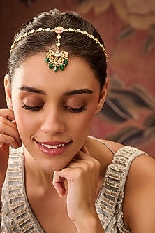 Gold Plated Kundan Polki & Jade Green Stone Adjustable Floral Mathapatti