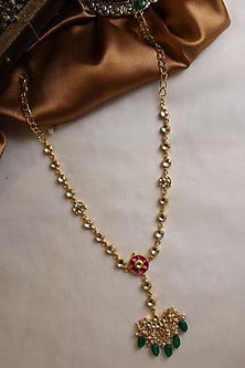 Gold Plated Kundan Polki & Jade Green Stone Adjustable Floral Mathapatti