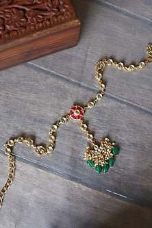 Gold Plated Kundan Polki & Jade Green Stone Adjustable Floral Mathapatti