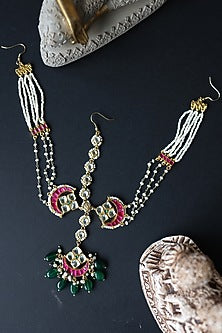 Gold Plated Red Kundan Polki & Jade Green Stone Adjustable Mathapatti