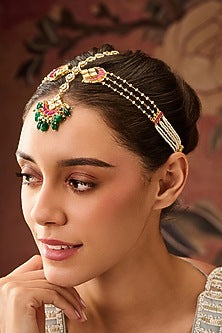 Gold Plated Red Kundan Polki & Jade Green Stone Adjustable Mathapatti