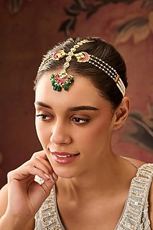 Gold Plated Red Kundan Polki & Jade Green Stone Adjustable Mathapatti