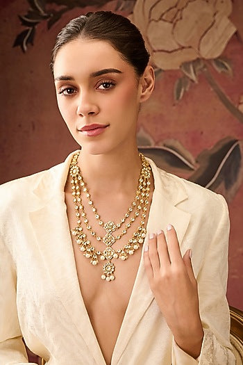 Gold Plated Kundan Polki & Pearl Necklace