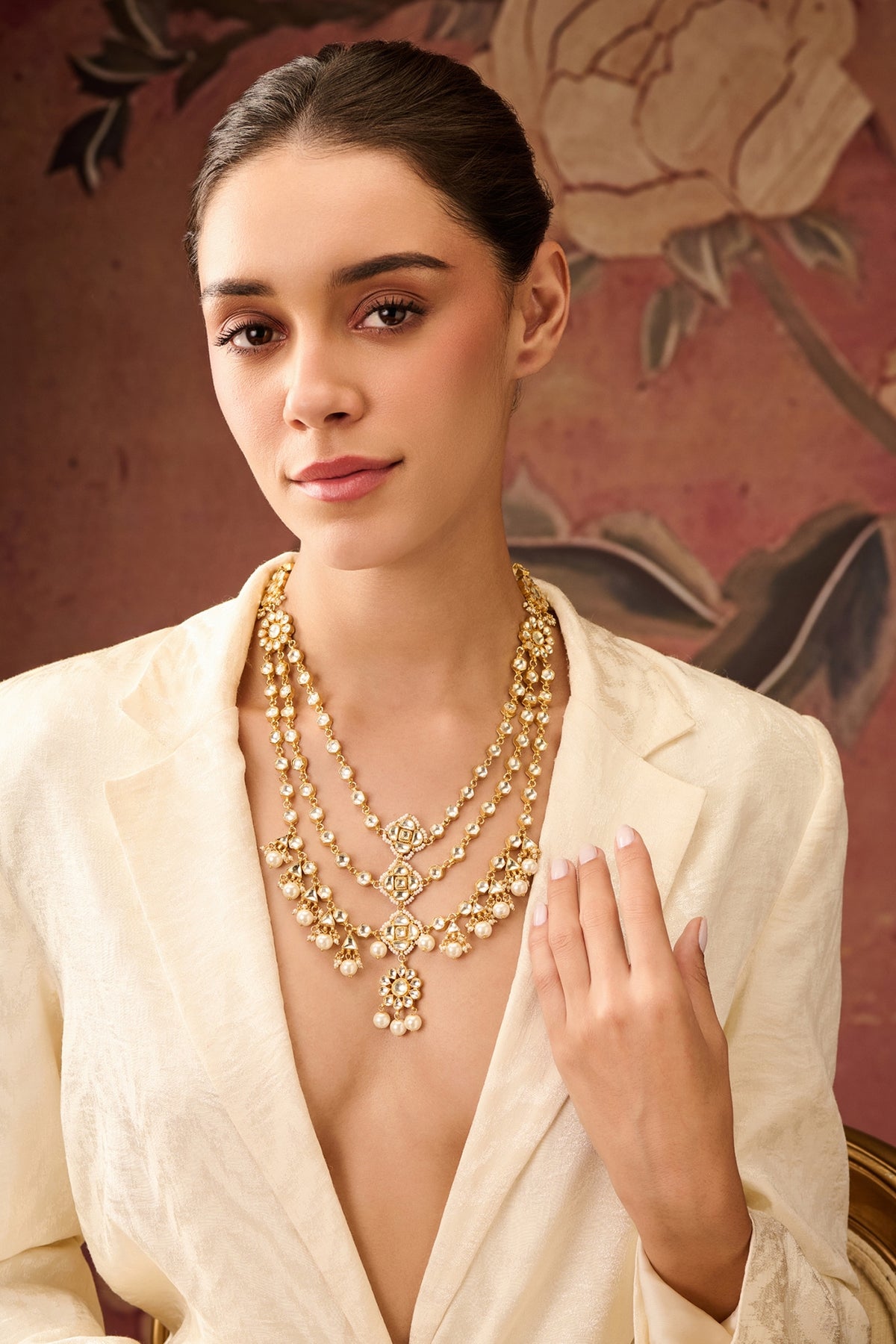 Gold Plated Kundan Polki & Pearl Necklace