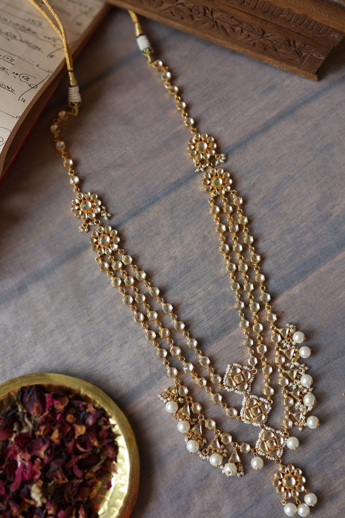 Gold Plated Kundan Polki & Pearl Necklace