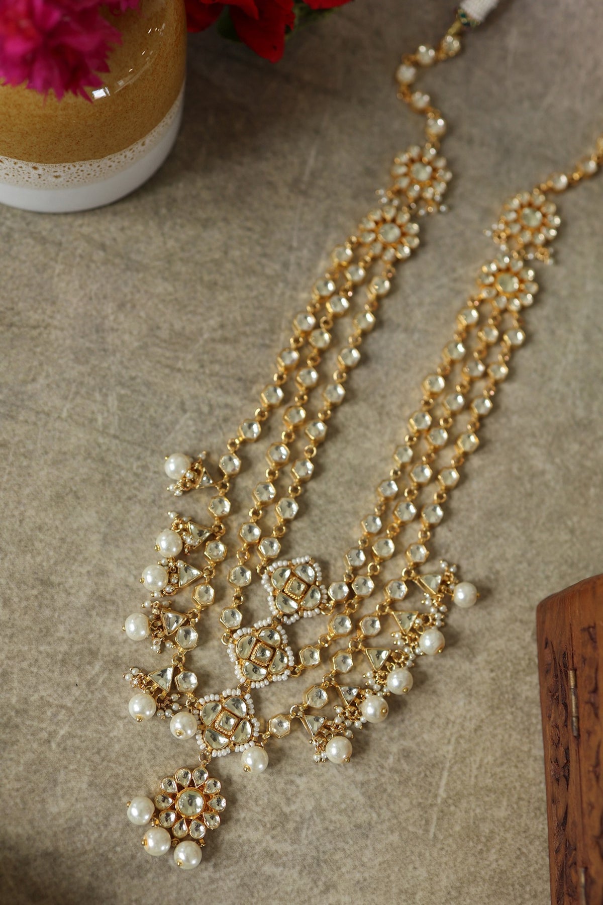 Gold Plated Kundan Polki & Pearl Necklace