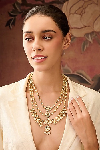 Gold Plated Kundan Polki & Pearl Necklace