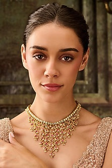 Gold Plated Red Kundan Polki & Pearl Necklace