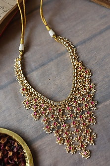 Gold Plated Red Kundan Polki & Pearl Necklace