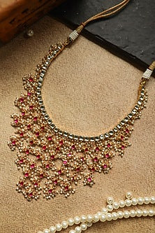 Gold Plated Red Kundan Polki & Pearl Necklace