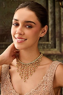 Gold Plated Red Kundan Polki & Pearl Necklace