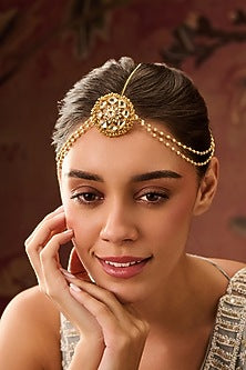 Gold Plated Red Kundan Polki & Pearl Adjustable Mathapatti