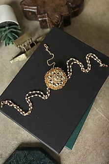 Gold Plated Red Kundan Polki & Pearl Adjustable Mathapatti