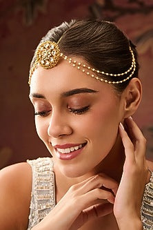 Gold Plated Red Kundan Polki & Pearl Adjustable Mathapatti