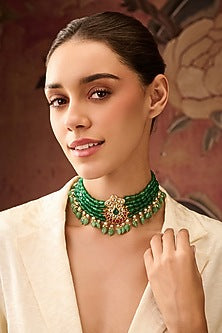 Gold Plated Kundan Polki & Jade Green Stone Necklace