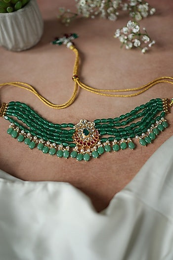 Gold Plated Kundan Polki & Jade Green Stone Necklace