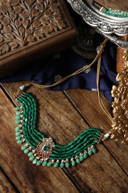 Gold Plated Kundan Polki & Jade Green Stone Necklace