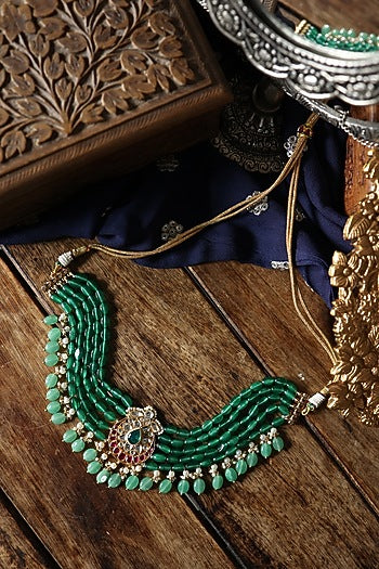 Gold Plated Kundan Polki & Jade Green Stone Necklace