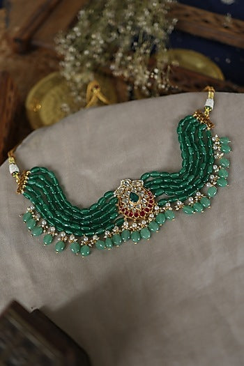 Gold Plated Kundan Polki & Jade Green Stone Necklace