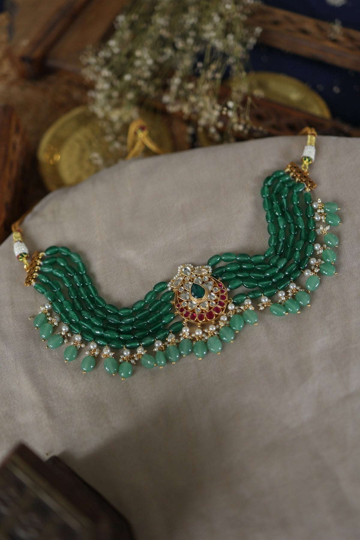 Gold Plated Kundan Polki & Jade Green Stone Necklace