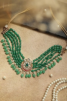 Gold Plated Kundan Polki & Jade Green Stone Necklace