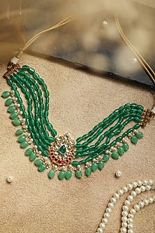 Gold Plated Kundan Polki & Jade Green Stone Necklace
