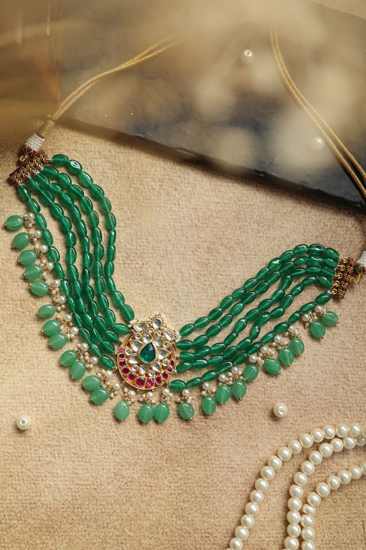 Gold Plated Kundan Polki & Jade Green Stone Necklace