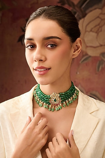 Gold Plated Kundan Polki & Jade Green Stone Necklace