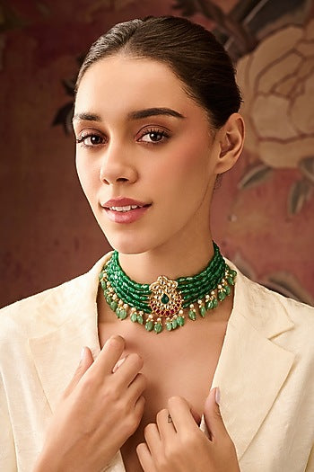 Gold Plated Kundan Polki & Jade Green Stone Necklace