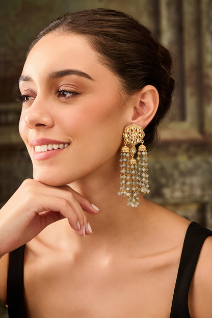 Gold Plated Floral Kundan Polki & Blue Onyx Dangler Earrings