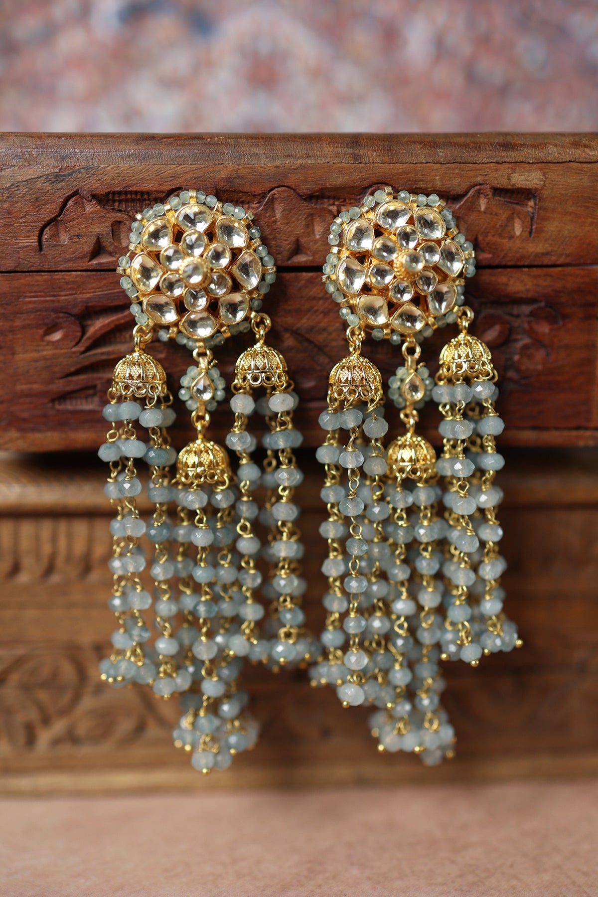 Gold Plated Floral Kundan Polki & Blue Onyx Dangler Earrings