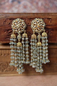 Gold Plated Floral Kundan Polki & Blue Onyx Dangler Earrings