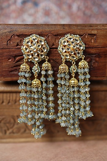 Gold Plated Floral Kundan Polki & Blue Onyx Dangler Earrings
