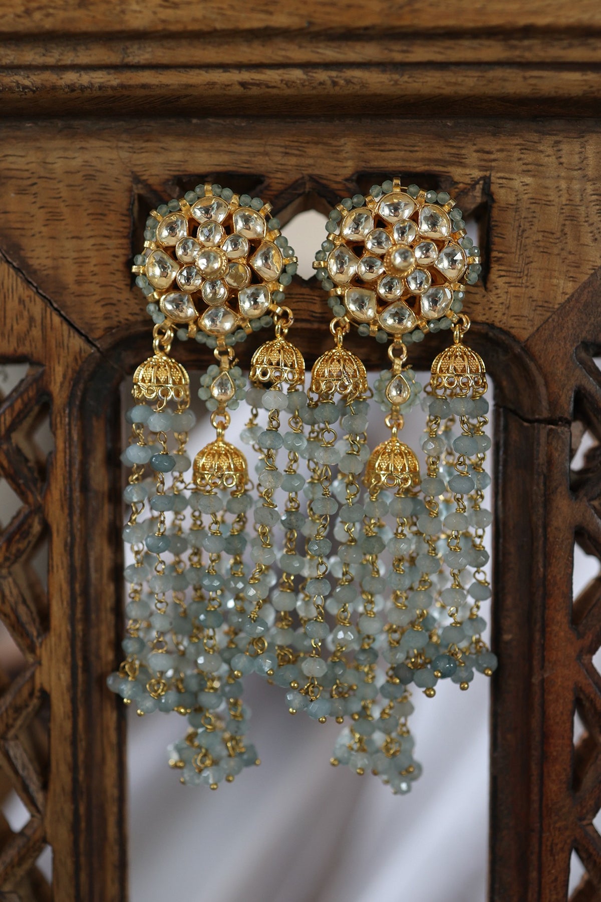 Gold Plated Floral Kundan Polki & Blue Onyx Dangler Earrings