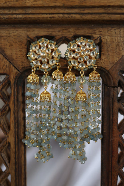 Gold Plated Floral Kundan Polki & Blue Onyx Dangler Earrings