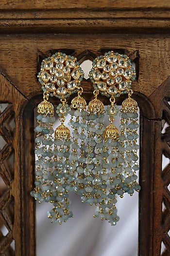 Gold Plated Floral Kundan Polki & Blue Onyx Dangler Earrings