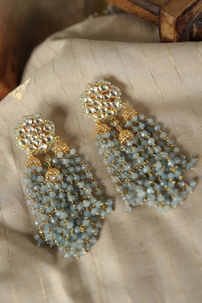 Gold Plated Floral Kundan Polki & Blue Onyx Dangler Earrings