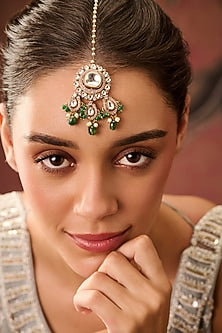 Gold Plated Floral Kundan Polki & Green Stone Maangtikka