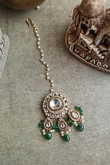 Gold Plated Floral Kundan Polki & Green Stone Maangtikka