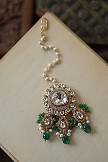 Gold Plated Floral Kundan Polki & Green Stone Maangtikka