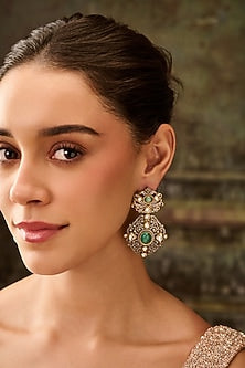 Gold Plated Floral Kundan Polki & Fluorite Stone Dangler Earrings