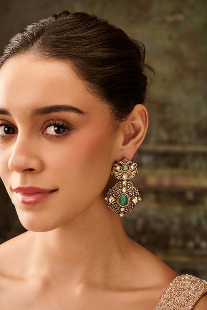 Gold Plated Floral Kundan Polki & Fluorite Stone Dangler Earrings