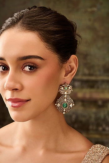Gold Plated Floral Kundan Polki & Fluorite Stone Dangler Earrings