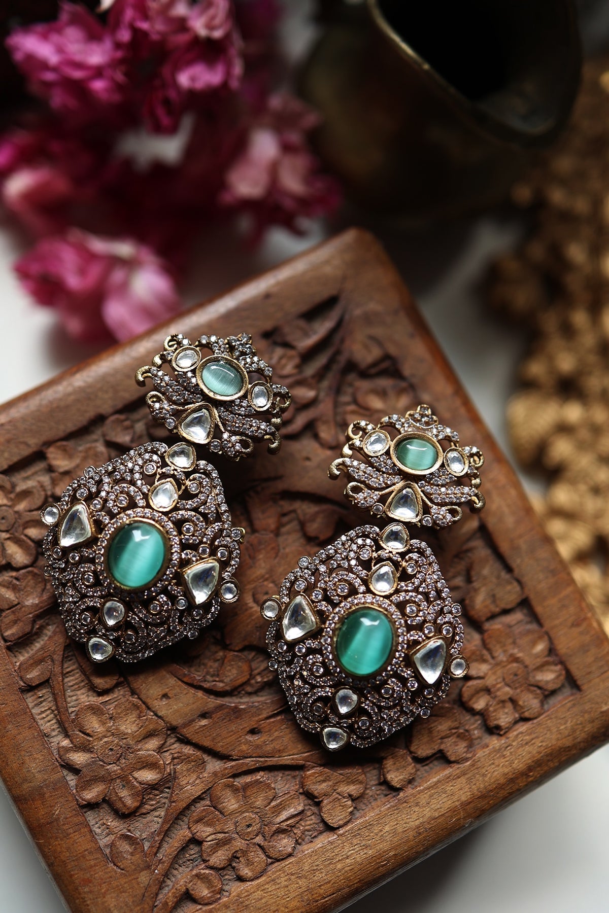 Gold Plated Floral Kundan Polki & Fluorite Stone Dangler Earrings