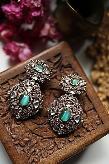 Gold Plated Floral Kundan Polki & Fluorite Stone Dangler Earrings
