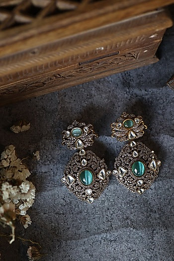Gold Plated Floral Kundan Polki & Fluorite Stone Dangler Earrings
